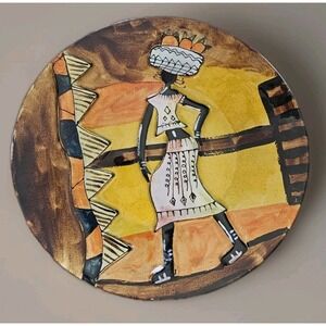 Hand Painted Contemporary Glass Folk Art Plate African Woman 14.5"‎ Decorative